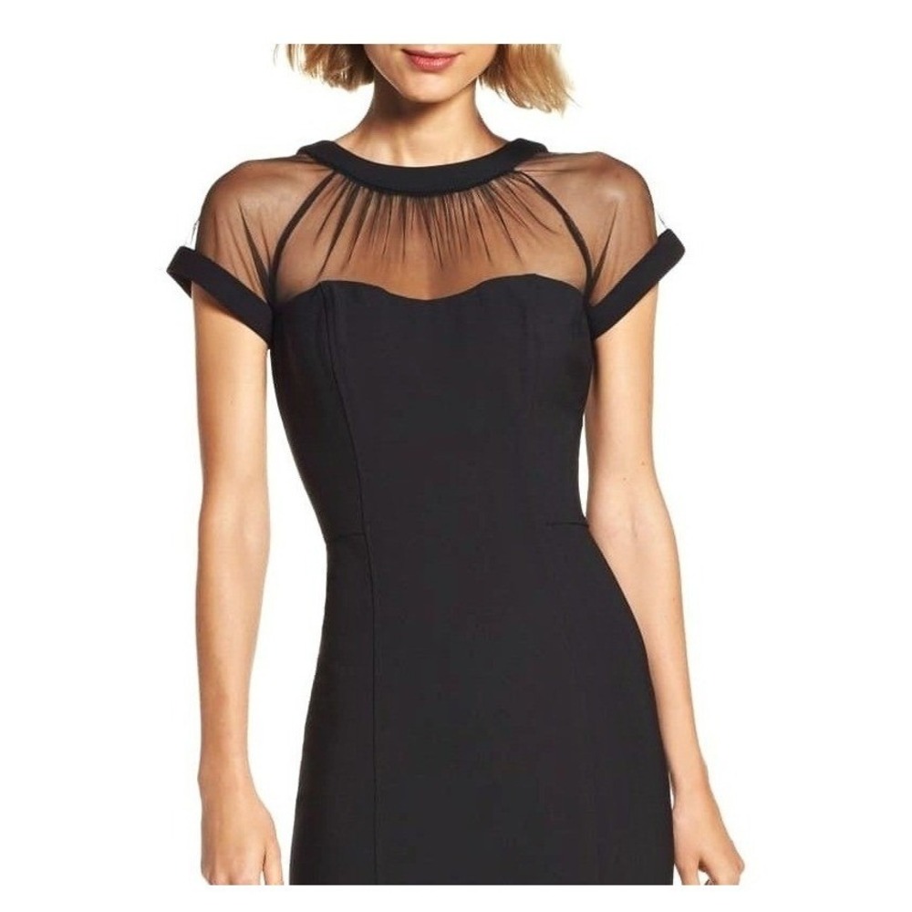 Maggy London Illusion Black Mesh Yoke Midi Dress Size 4 with Flared Hem